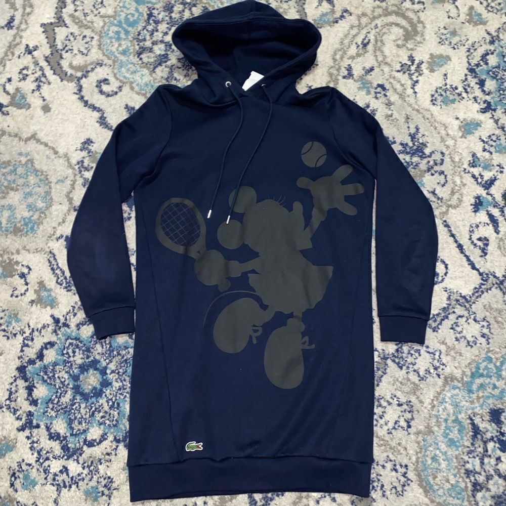 Lacoste x Disney Hooded Minnie Print Fleece Sweatshirt Dress Navy Blue